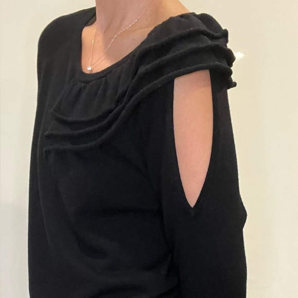 Neiman Marcus Asymmetric Ruffle Knit Top Sweater - Black - Picture 2 of 5